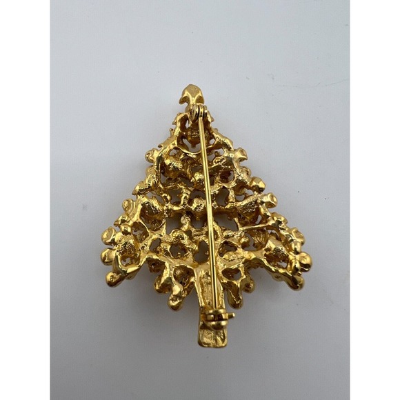 Vintage Gold Tone Christmas Tree Multi Rhinestones Brooch Pin - Picture 2 of 5